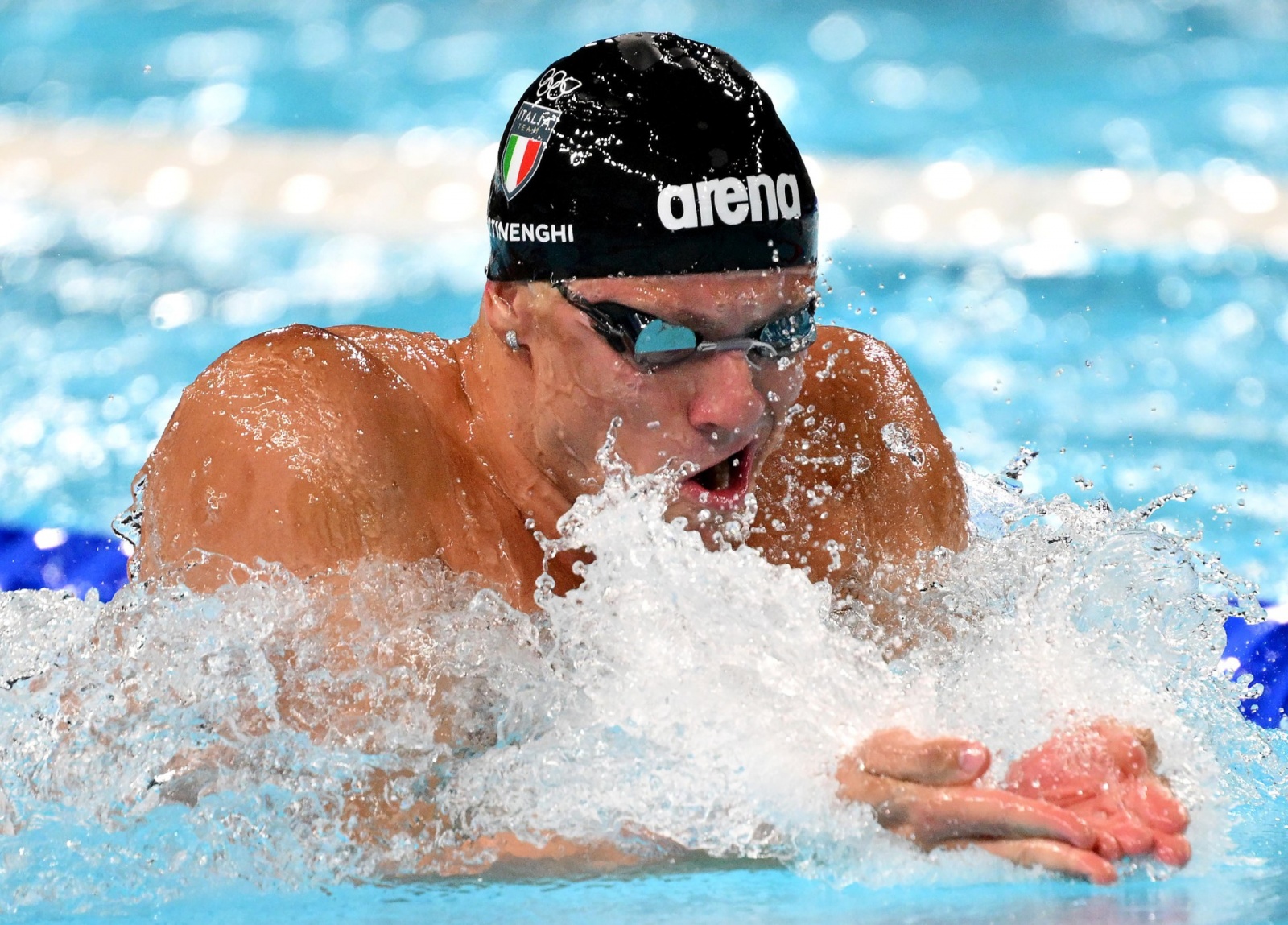 Italian Nicolo' Martinenghi competes in the Men's 100m Breaststroke Final of the Swimming competitions during the Paris 2024 Olympic Games at the Paris La Defense Arena in Paris, France, 28 July 2024. Summer Olympic Games will be held in Paris from 26 Jul